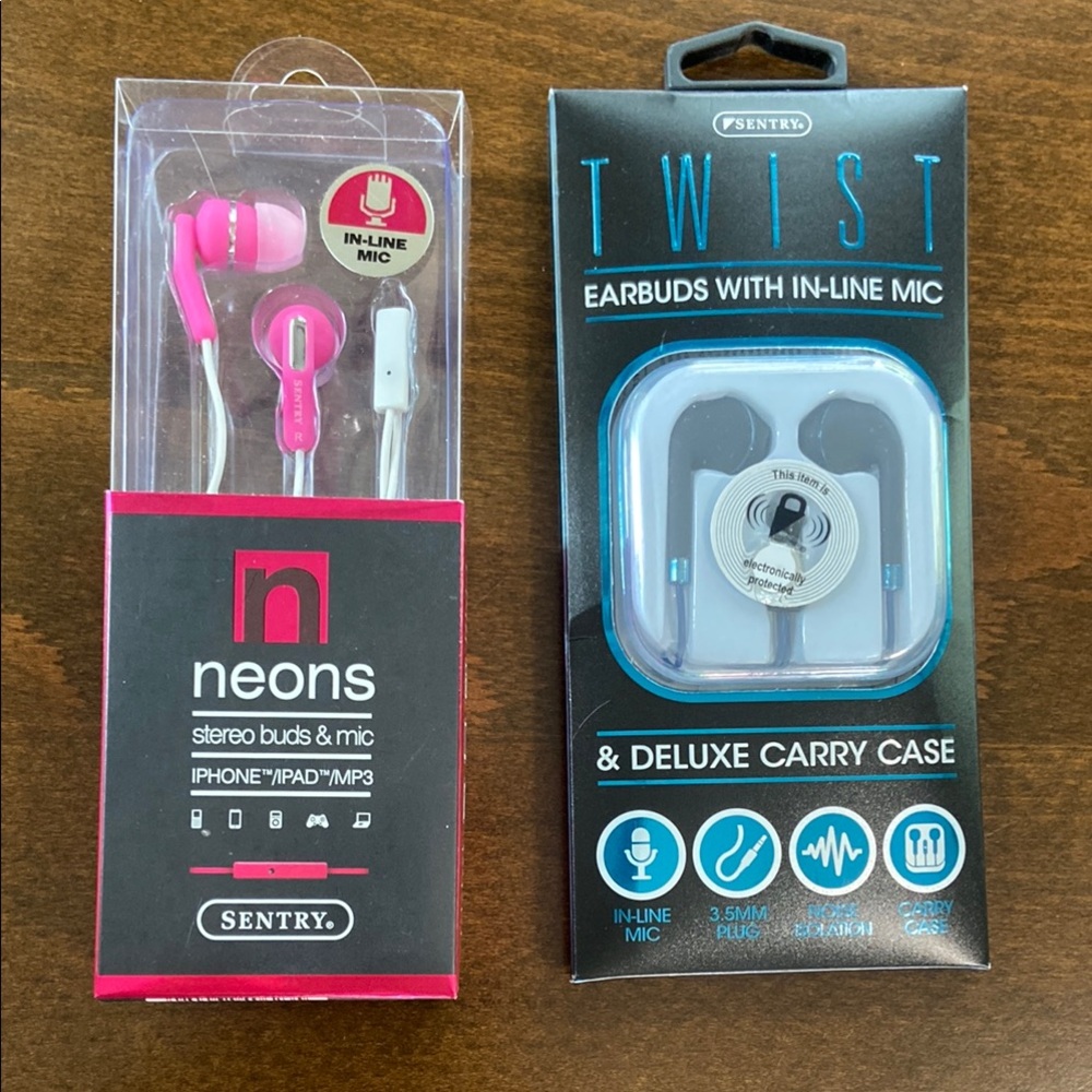 Sentry Brand Earbuds (2) Pink and Blue with In-Line Mic